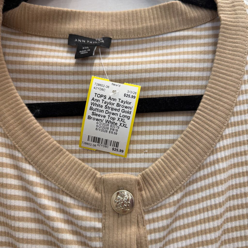 Ann Taylor Brown/ White Striped Gold Button Down Long Sleeve Top XXL
