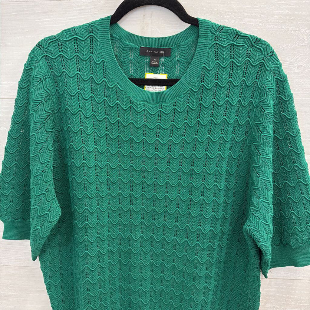 Ann Taylor Green Knit Print Short Puff Sleeve Top Extra Large