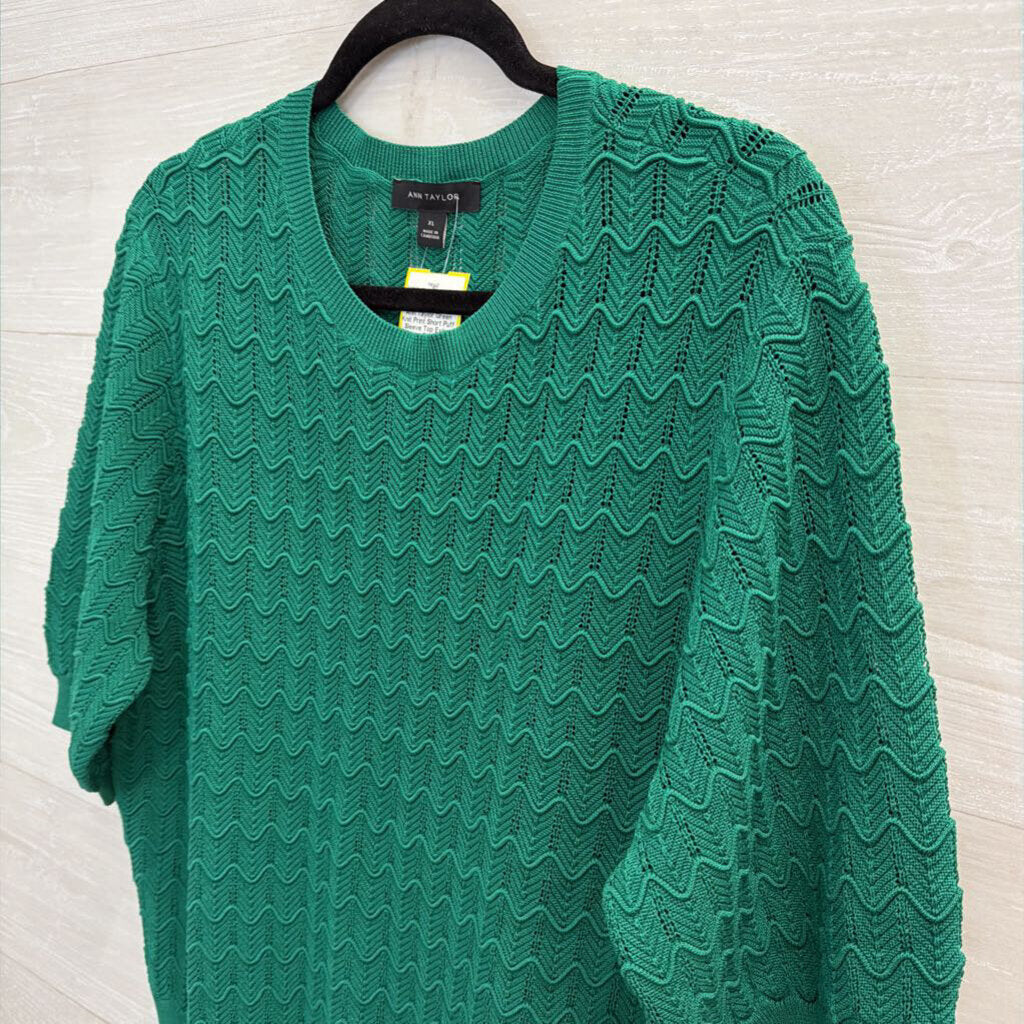 Ann Taylor Green Knit Print Short Puff Sleeve Top Extra Large