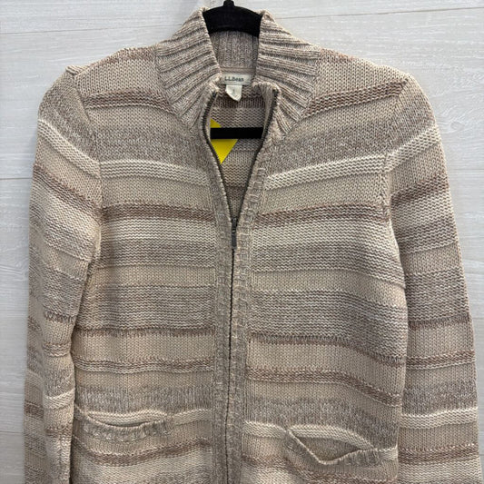 LL Bean Beige Striped Knit Zip Up Sweater Small Petite