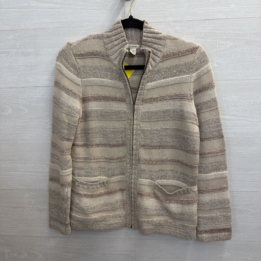 LL Bean Beige Striped Knit Zip Up Sweater Small Petite