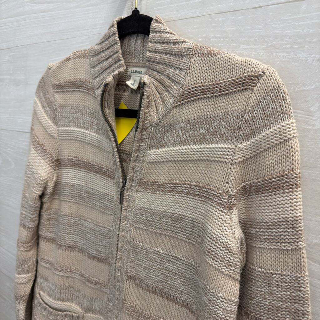 LL Bean Beige Striped Knit Zip Up Sweater Small Petite