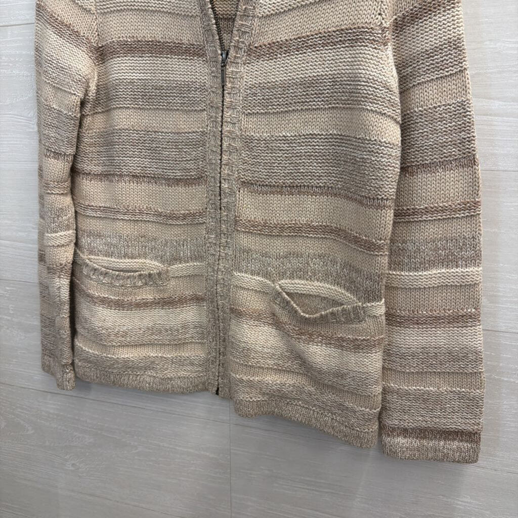LL Bean Beige Striped Knit Zip Up Sweater Small Petite