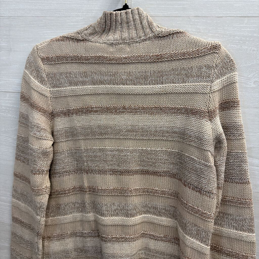 LL Bean Beige Striped Knit Zip Up Sweater Small Petite