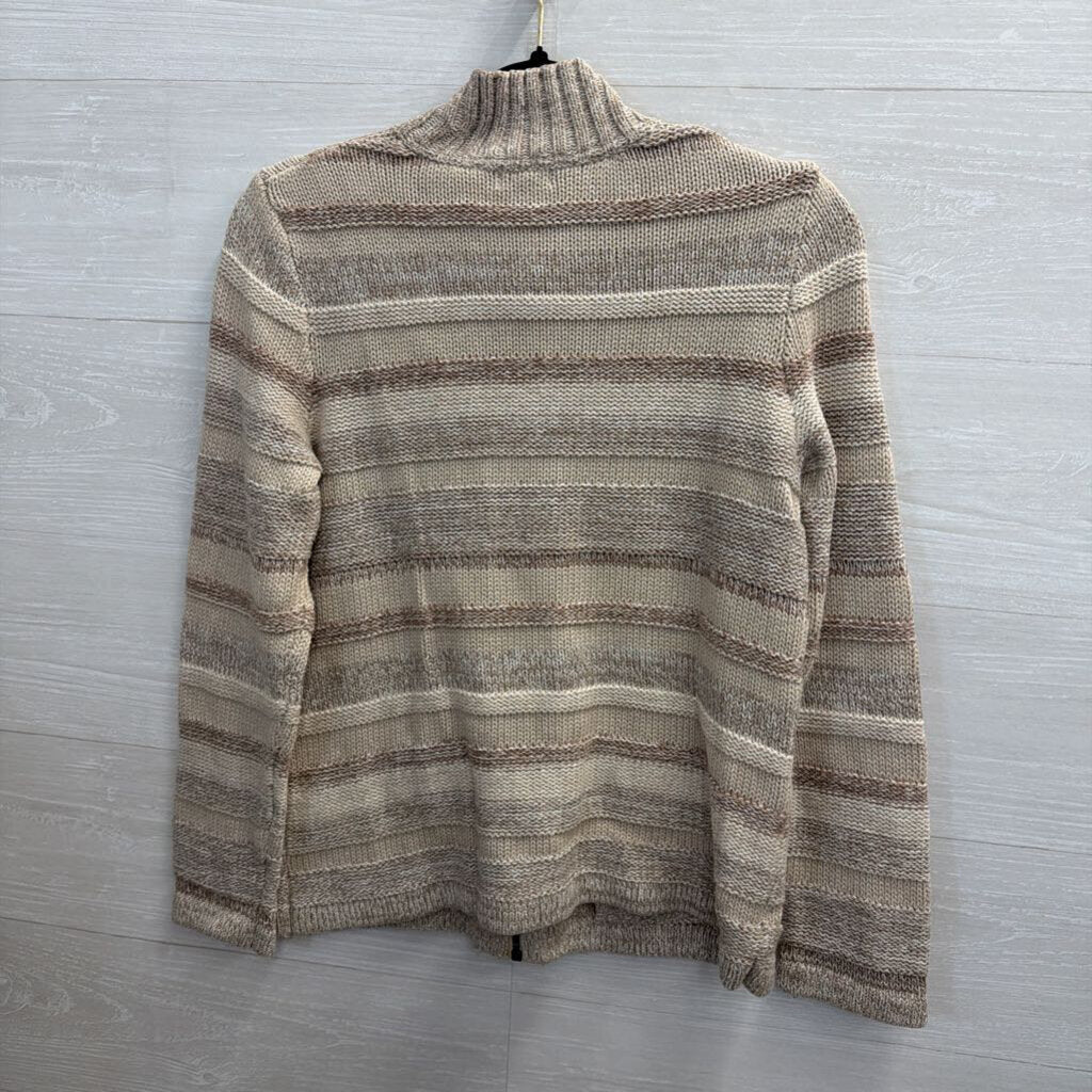 LL Bean Beige Striped Knit Zip Up Sweater Small Petite