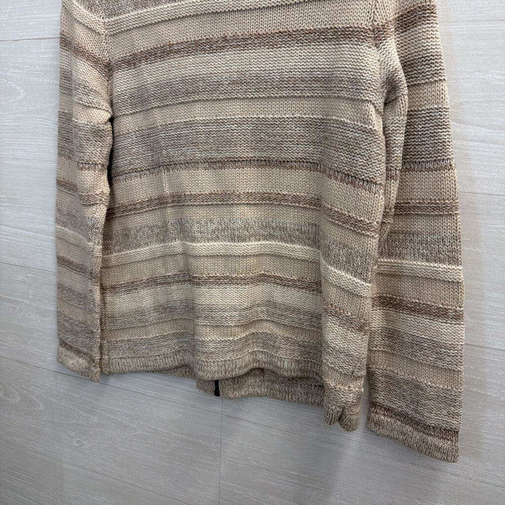 LL Bean Beige Striped Knit Zip Up Sweater Small Petite