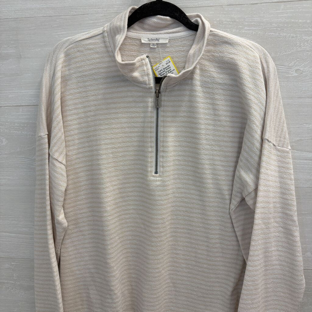 Splendid White/ Beige Striped Quarter Zip Pullover Medium
