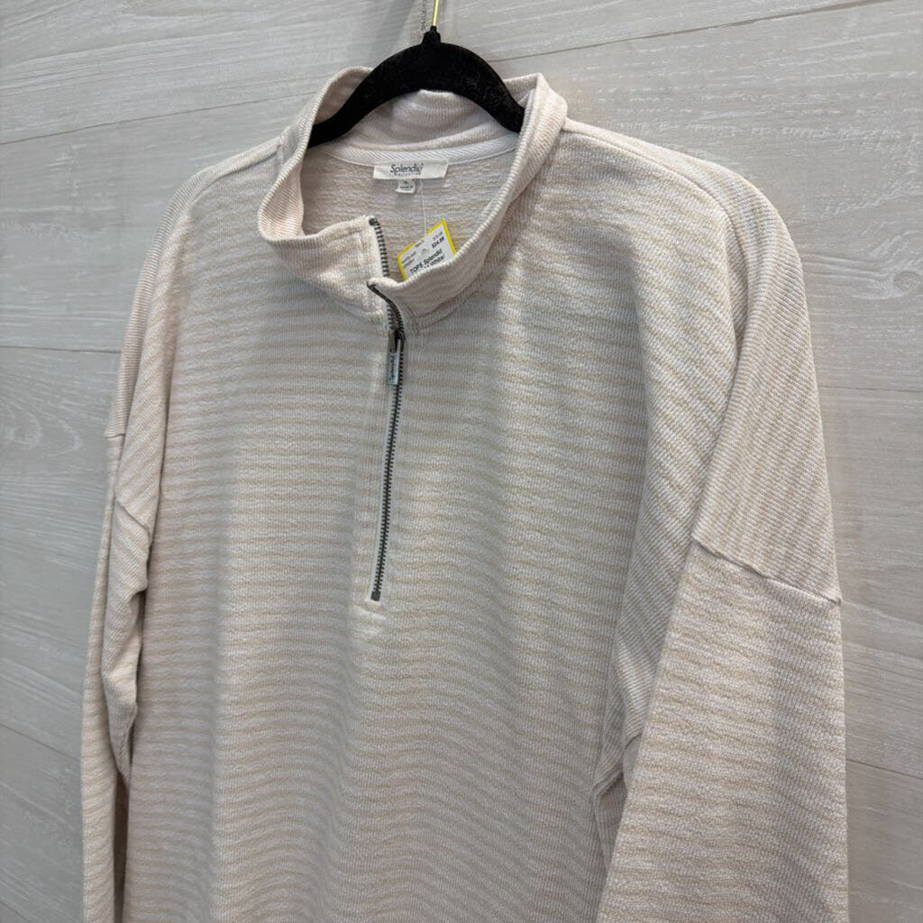 Splendid White/ Beige Striped Quarter Zip Pullover Medium