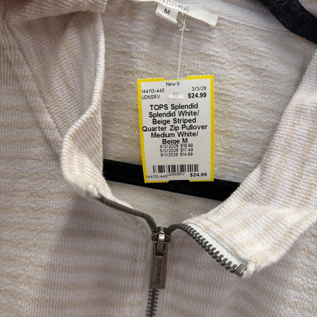 Splendid White/ Beige Striped Quarter Zip Pullover Medium