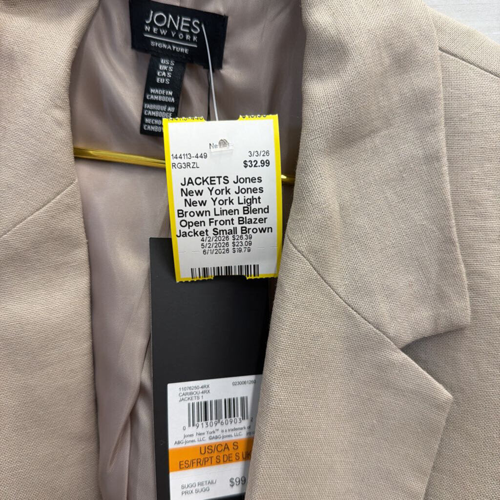 Jones New York Light Brown Linen Blend Open Front Blazer Jacket Small