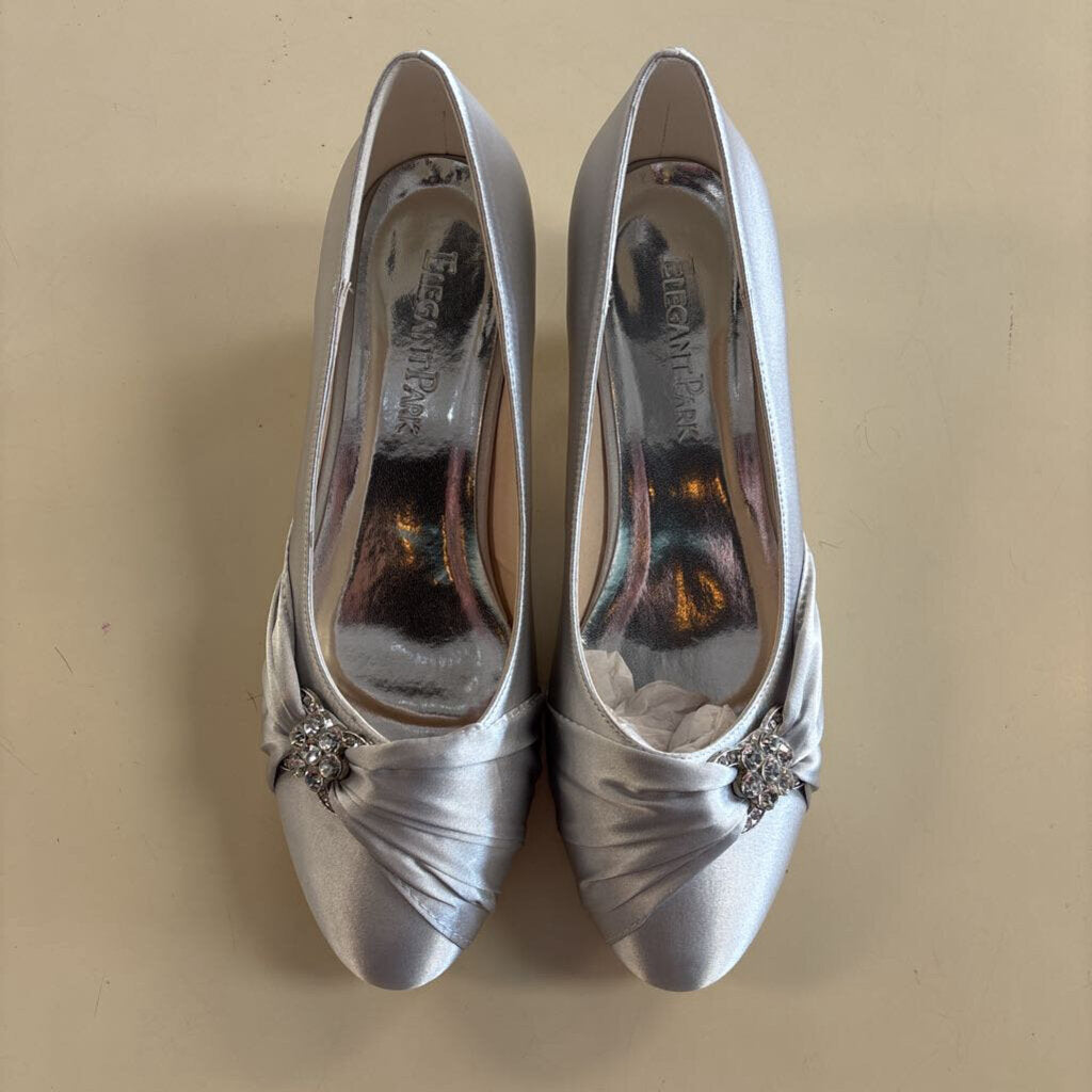 Elegant Park Silver Satin Rhinestone Detail Kitten Heels 9