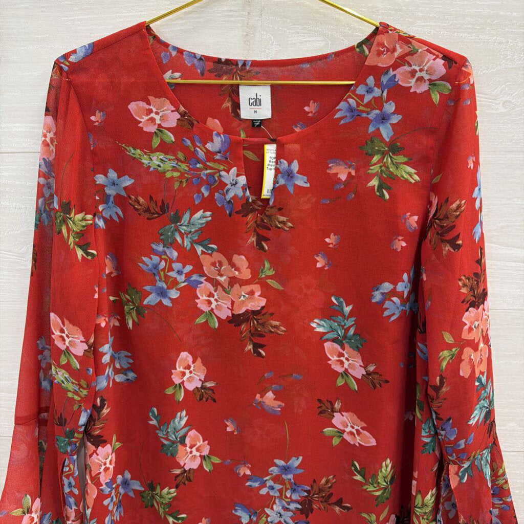 Cabi Red/ Multi Floral Print Long Sleeve Top Medium