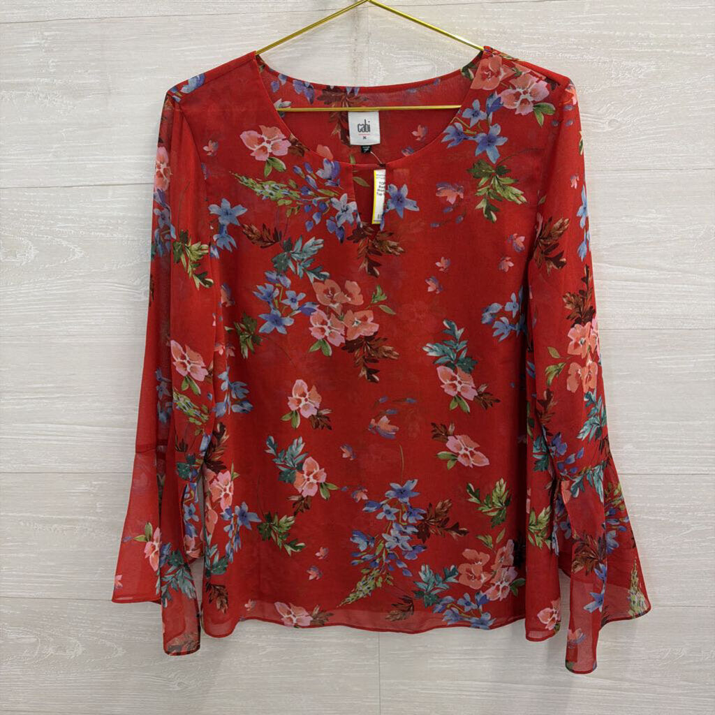 Cabi Red/ Multi Floral Print Long Sleeve Top Medium