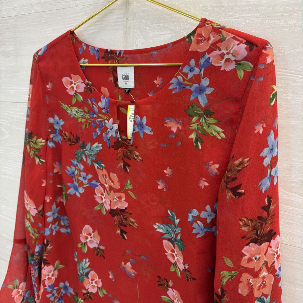 Cabi Red/ Multi Floral Print Long Sleeve Top Medium