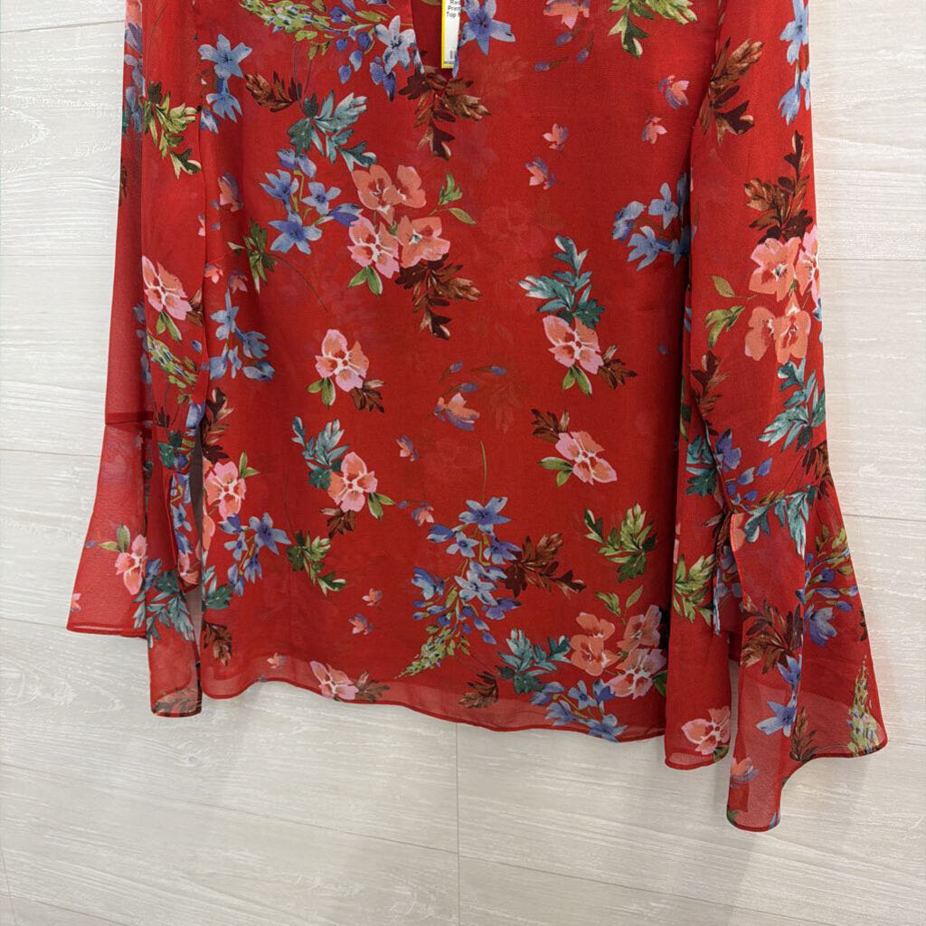 Cabi Red/ Multi Floral Print Long Sleeve Top Medium