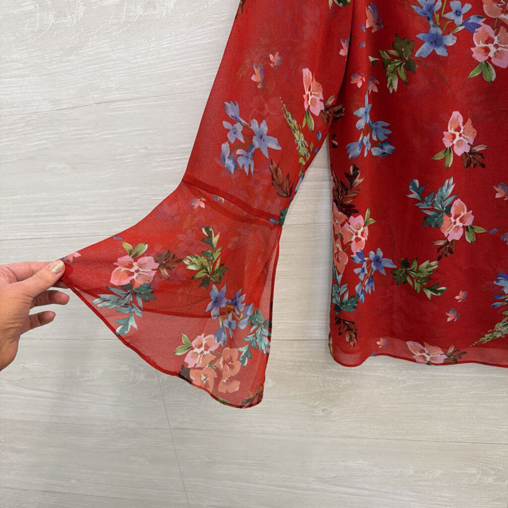 Cabi Red/ Multi Floral Print Long Sleeve Top Medium