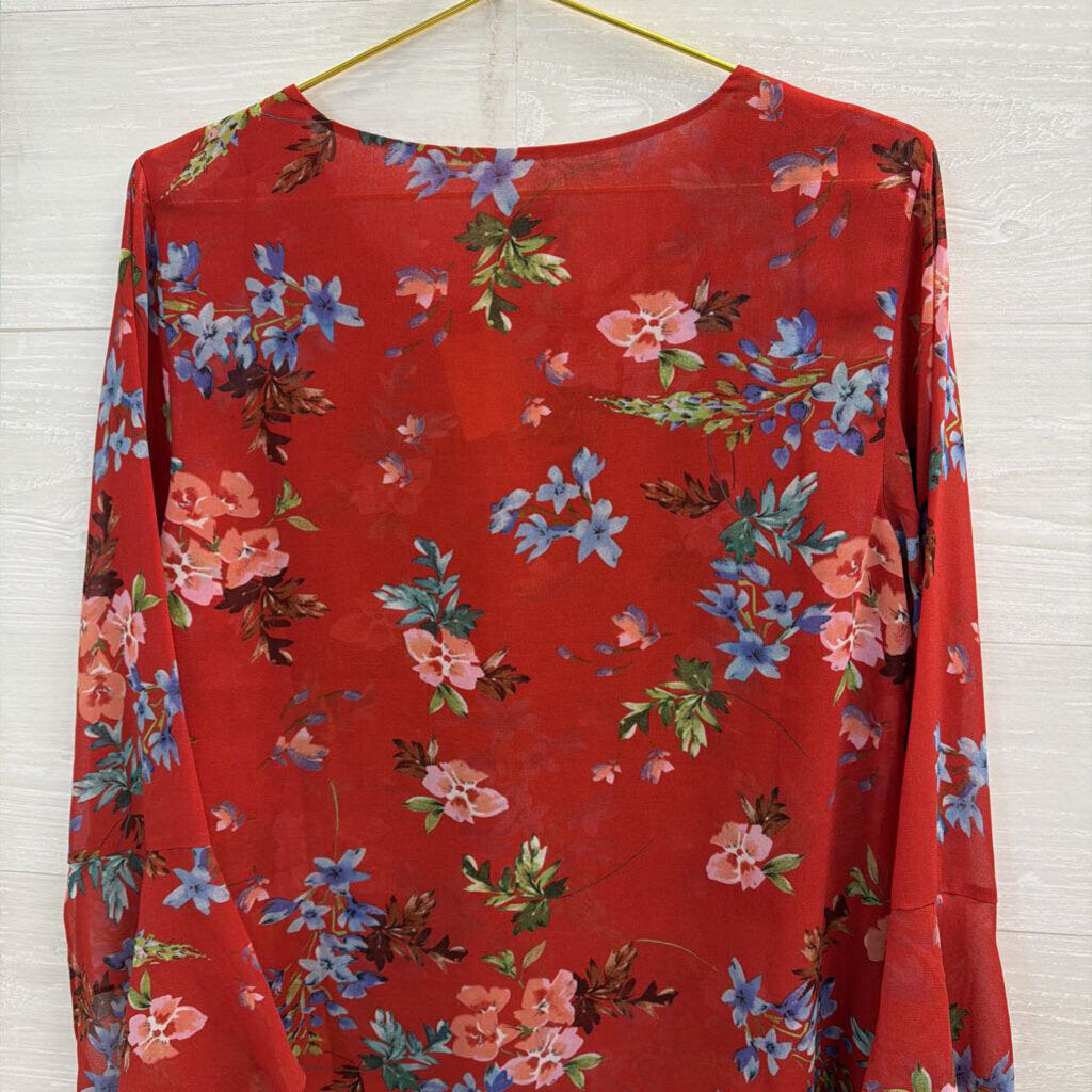 Cabi Red/ Multi Floral Print Long Sleeve Top Medium