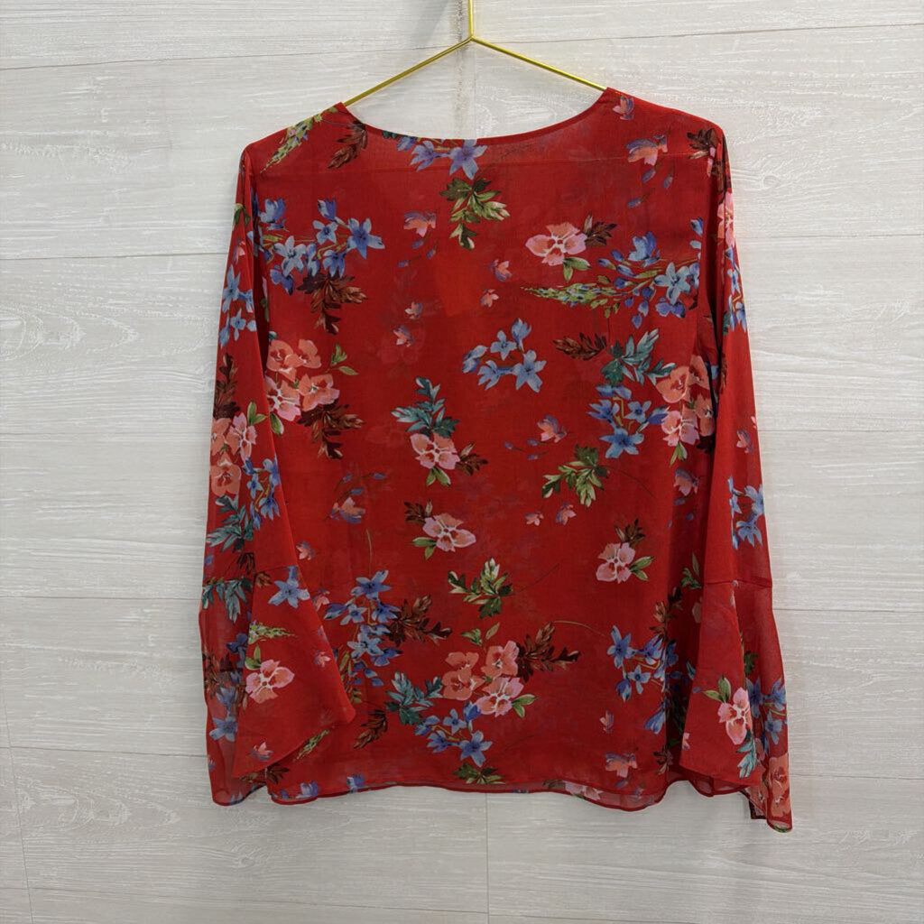 Cabi Red/ Multi Floral Print Long Sleeve Top Medium