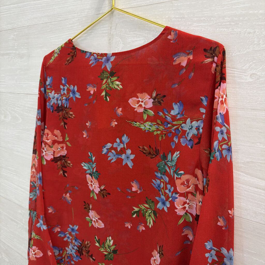 Cabi Red/ Multi Floral Print Long Sleeve Top Medium