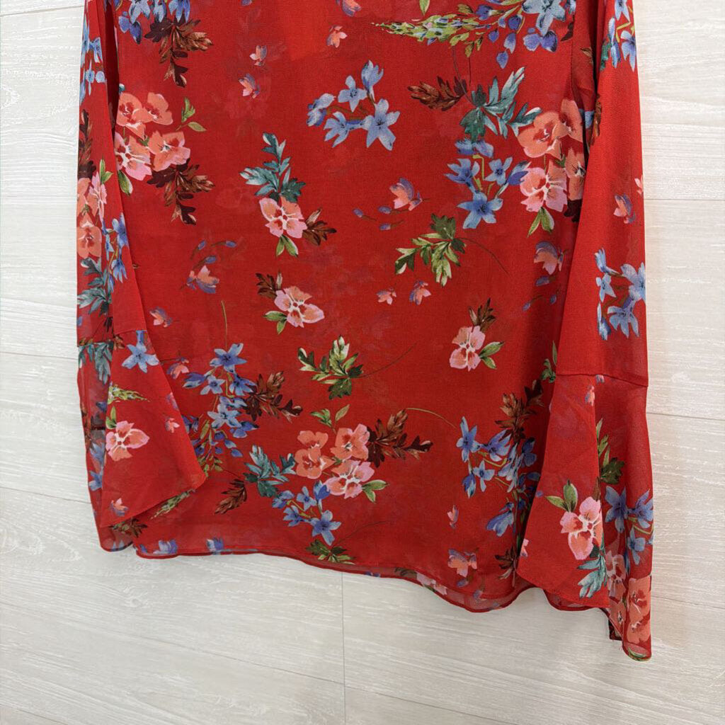 Cabi Red/ Multi Floral Print Long Sleeve Top Medium