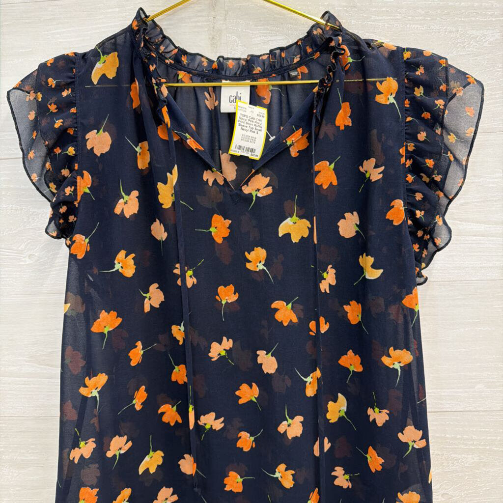 Cabi Navy/ Pink Floral Print Short Ruffle Sleeve Top Small