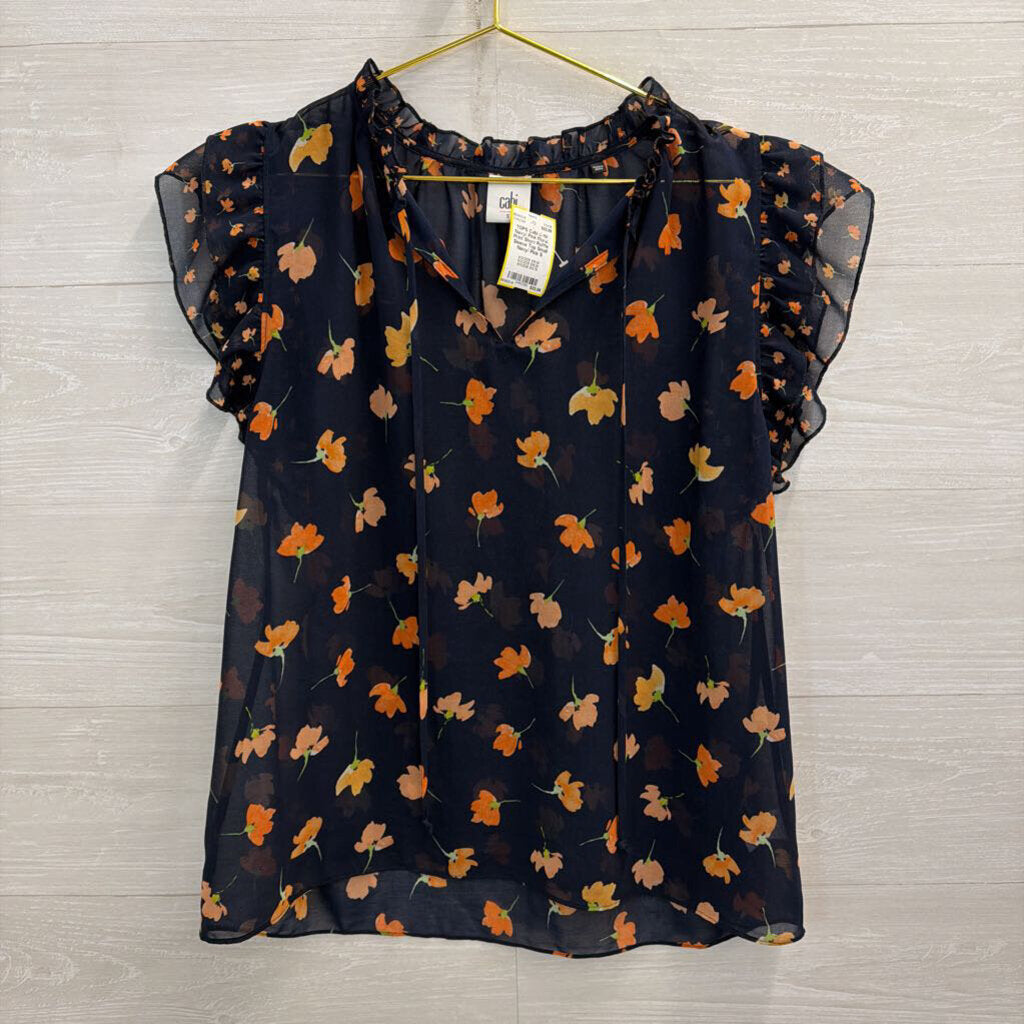 Cabi Navy/ Pink Floral Print Short Ruffle Sleeve Top Small