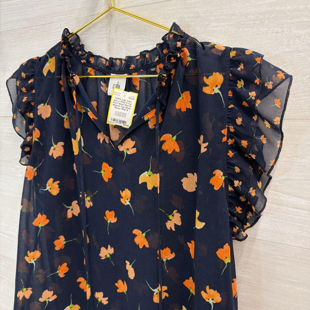 Cabi Navy/ Pink Floral Print Short Ruffle Sleeve Top Small