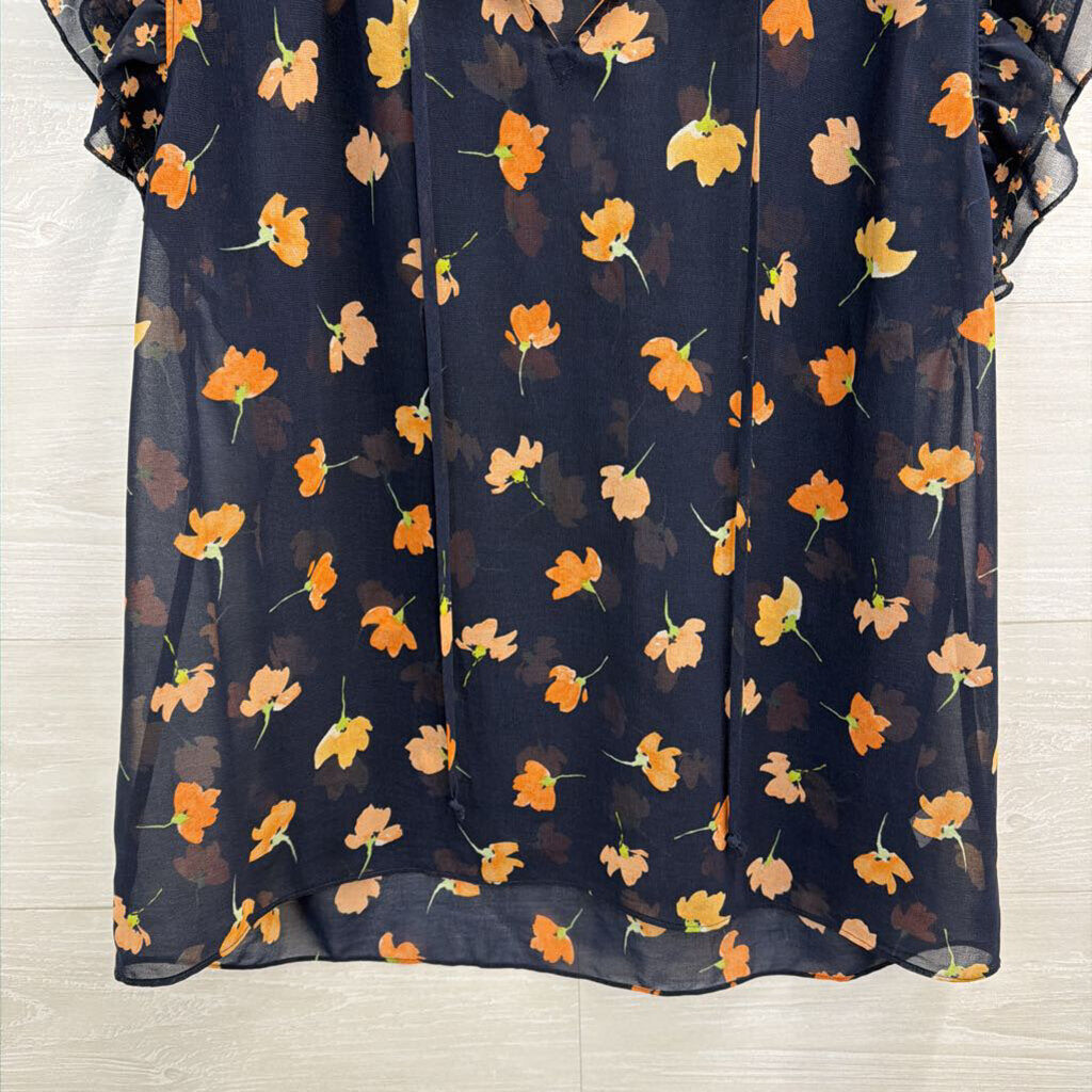 Cabi Navy/ Pink Floral Print Short Ruffle Sleeve Top Small