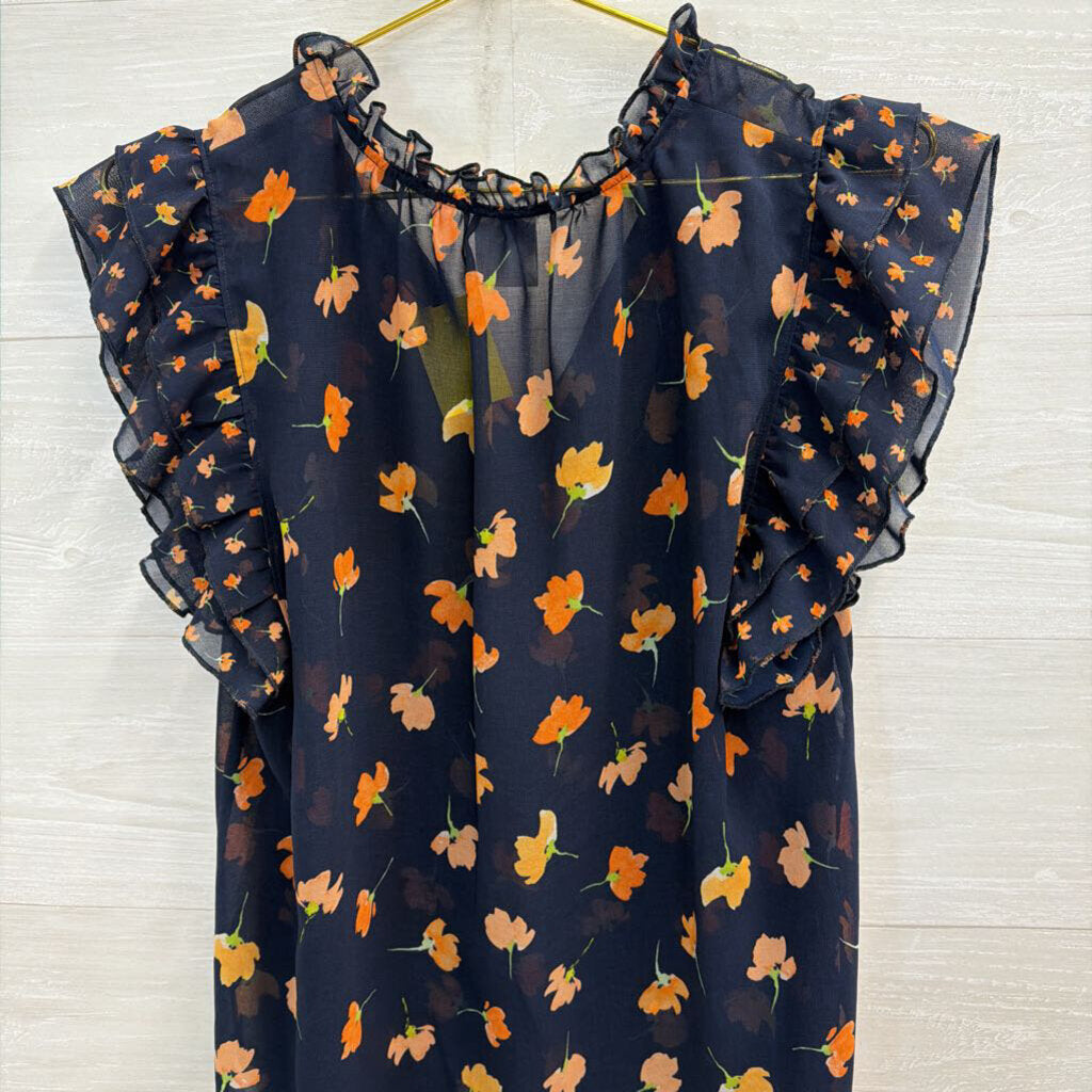 Cabi Navy/ Pink Floral Print Short Ruffle Sleeve Top Small