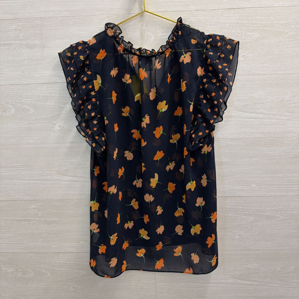 Cabi Navy/ Pink Floral Print Short Ruffle Sleeve Top Small