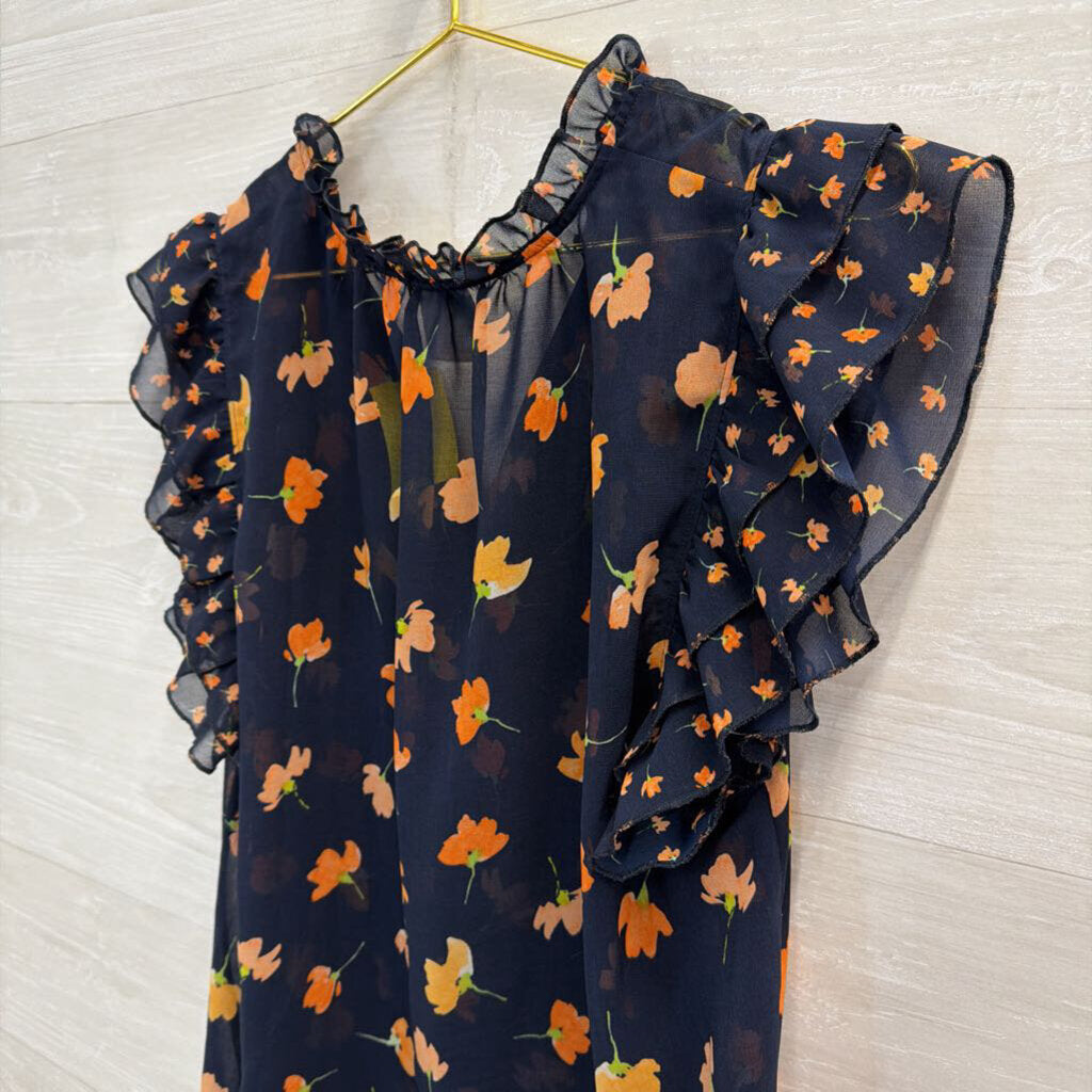 Cabi Navy/ Pink Floral Print Short Ruffle Sleeve Top Small