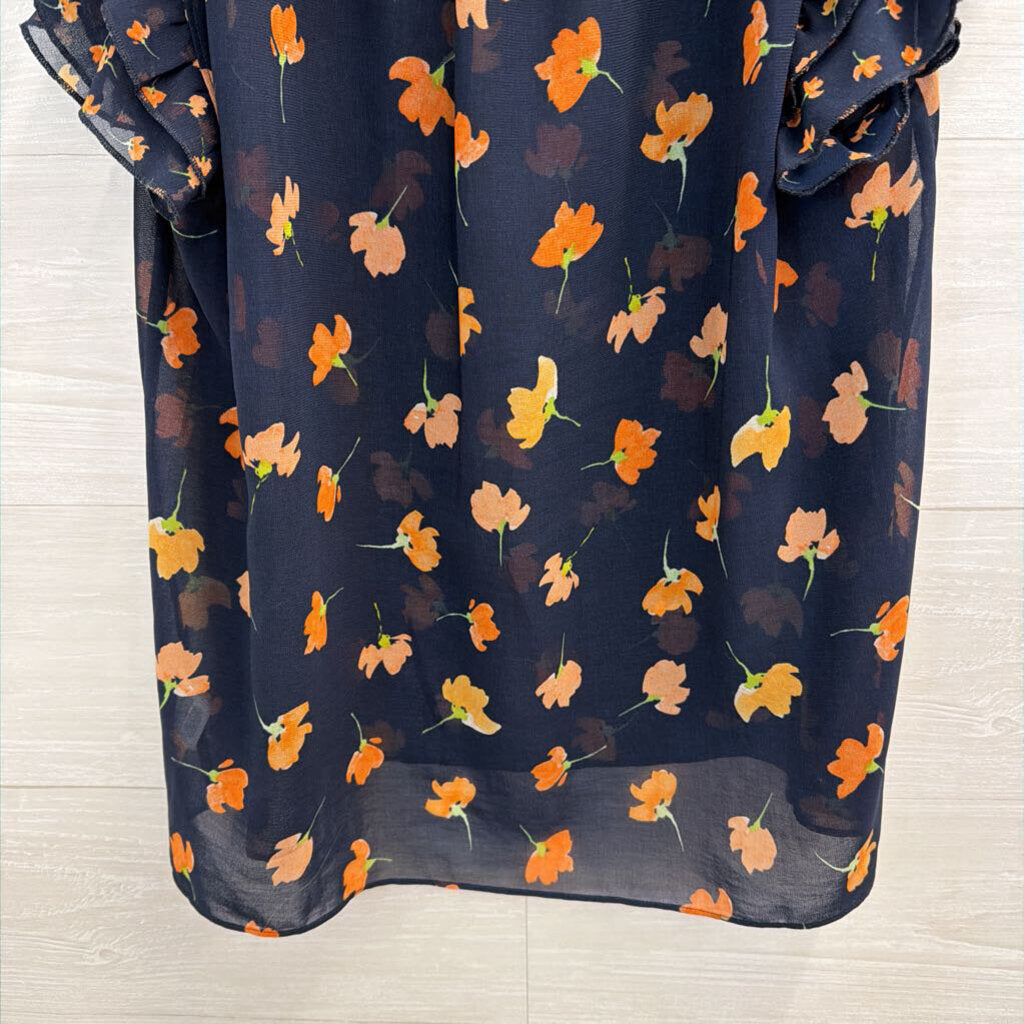 Cabi Navy/ Pink Floral Print Short Ruffle Sleeve Top Small