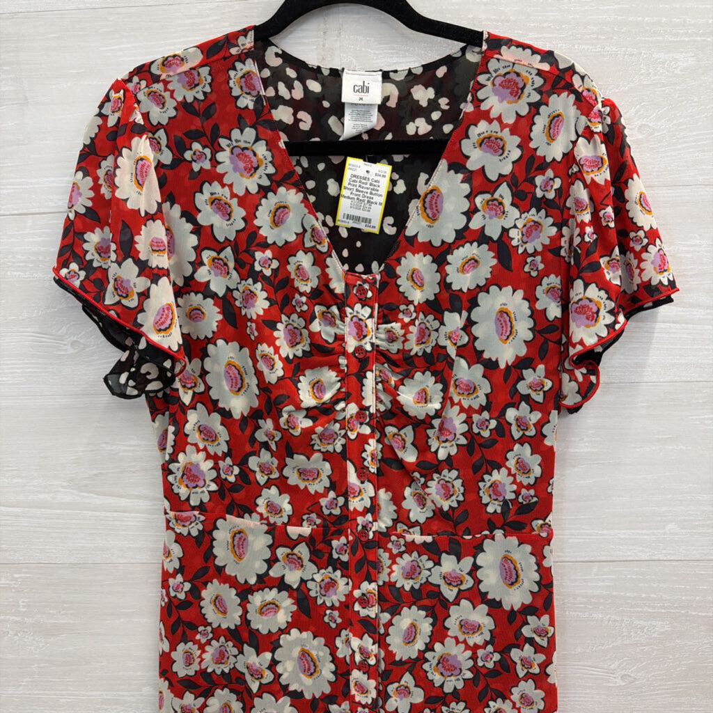 Cabi Red/ Black Print Reversible Short Sleeve Button Front Dress Medium