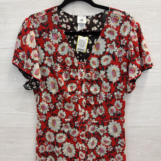Cabi Red/ Black Print Reversible Short Sleeve Button Front Dress Medium