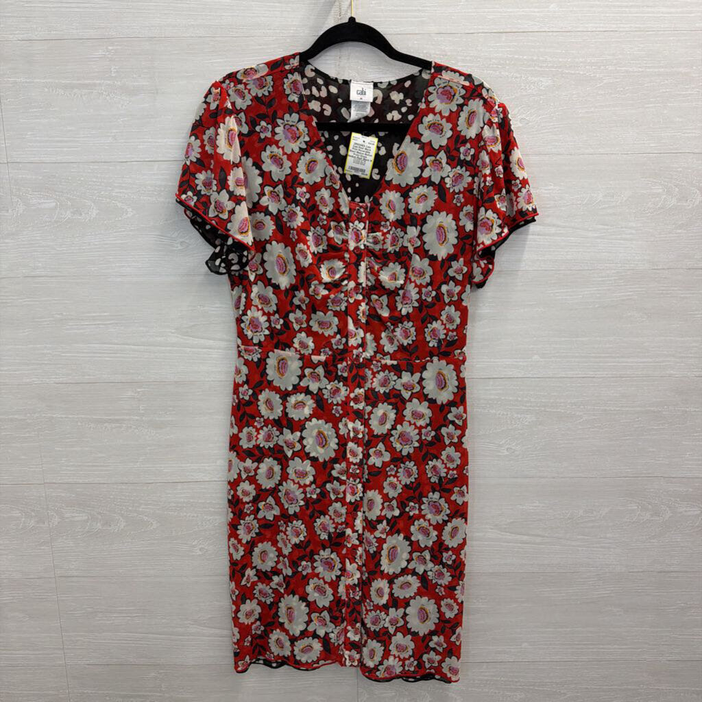 Cabi Red/ Black Print Reversible Short Sleeve Button Front Dress Medium