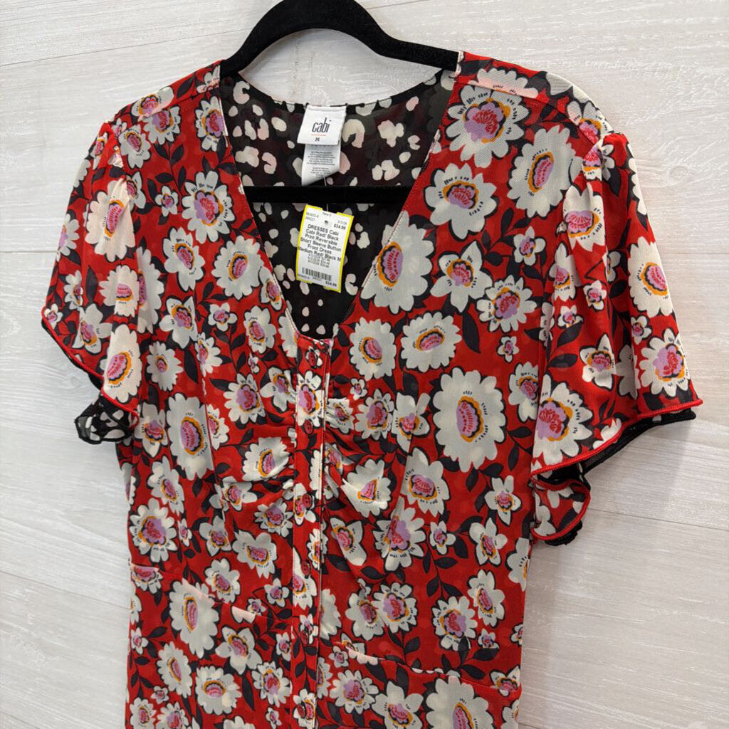 Cabi Red/ Black Print Reversible Short Sleeve Button Front Dress Medium