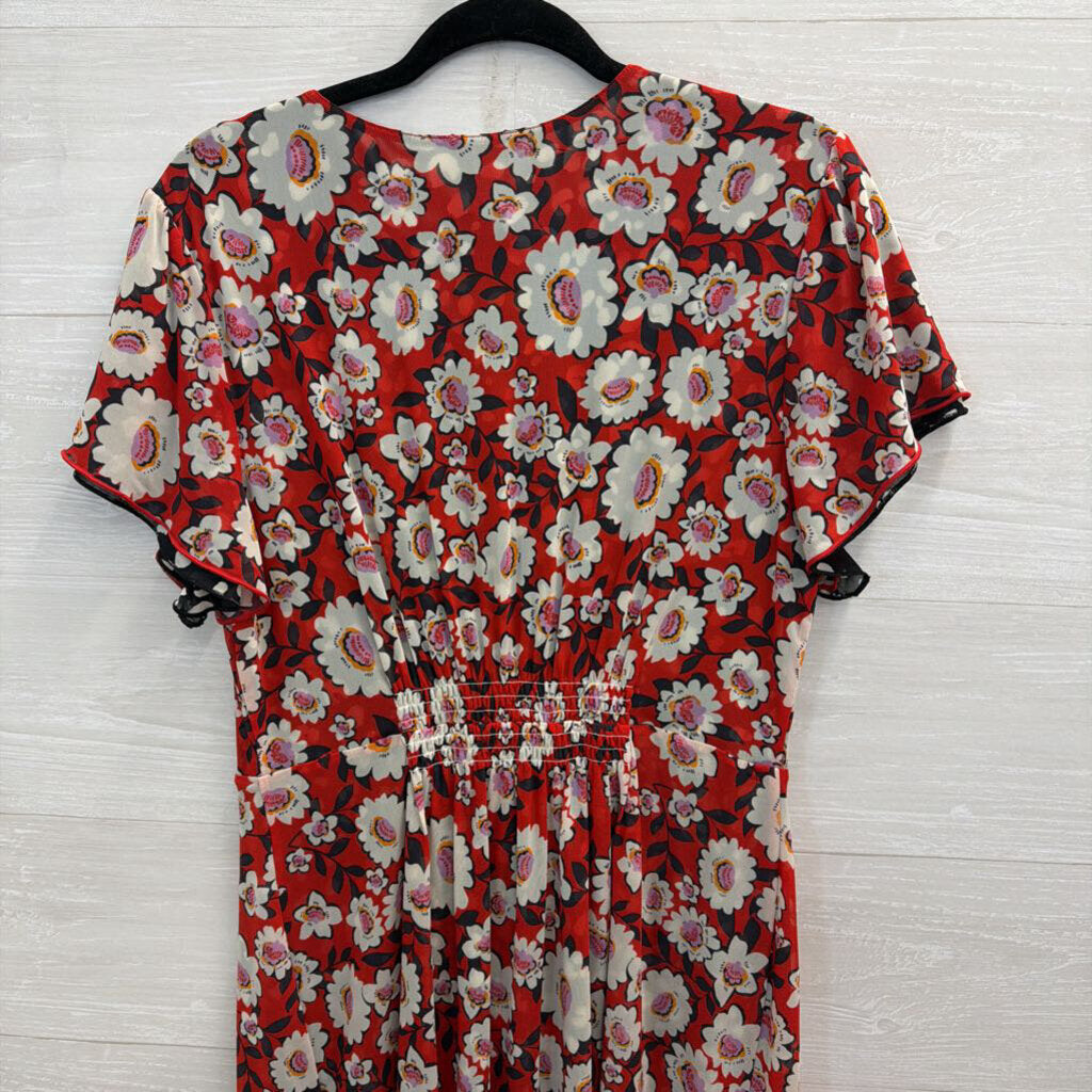 Cabi Red/ Black Print Reversible Short Sleeve Button Front Dress Medium