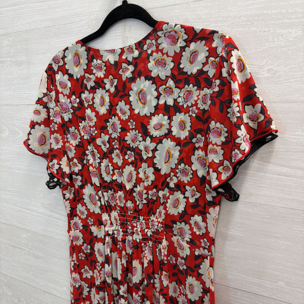 Cabi Red/ Black Print Reversible Short Sleeve Button Front Dress Medium
