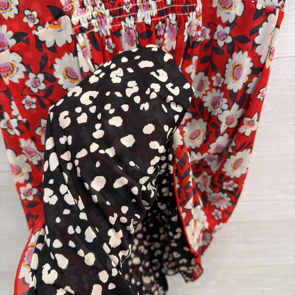 Cabi Red/ Black Print Reversible Short Sleeve Button Front Dress Medium