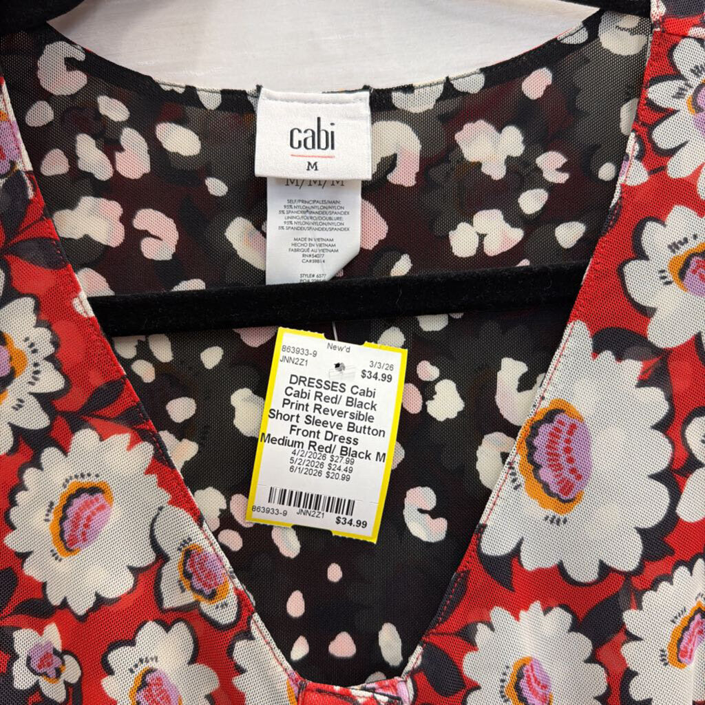 Cabi Red/ Black Print Reversible Short Sleeve Button Front Dress Medium