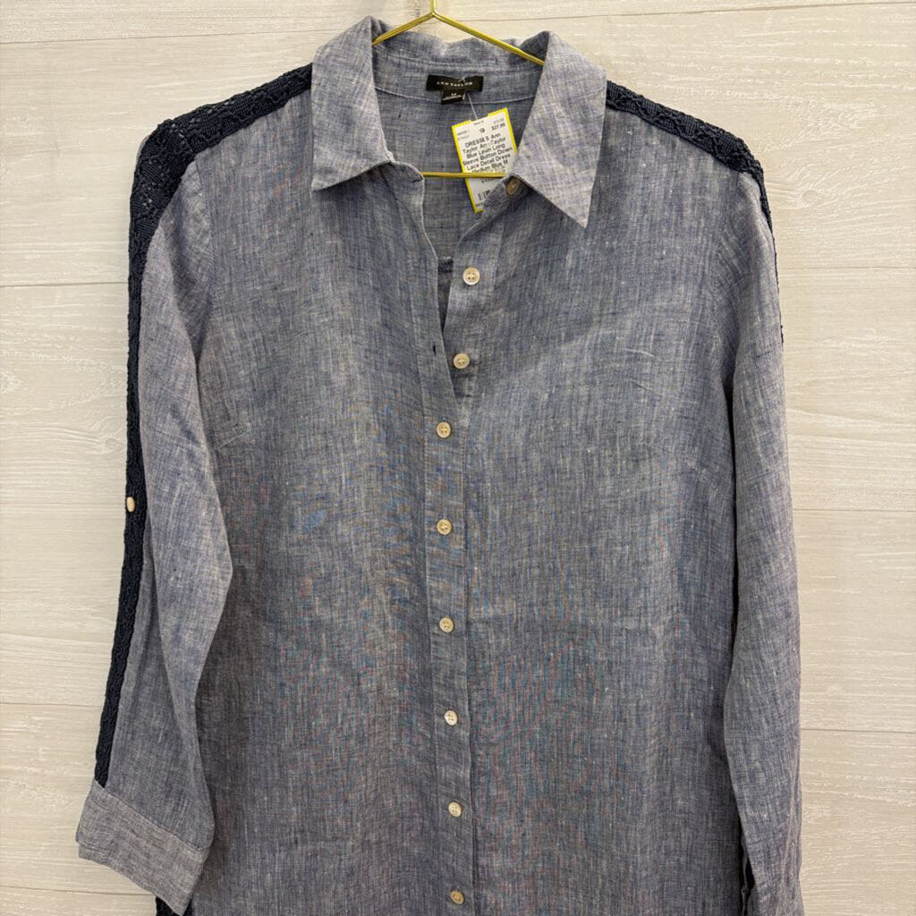 Ann Taylor Blue Linen Long Sleeve Button Down Lace Detail Dress Medium