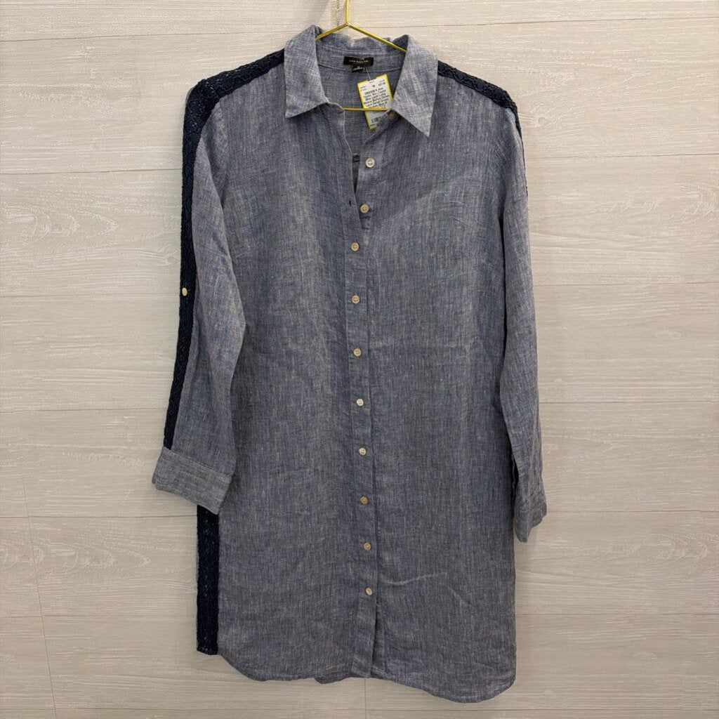 Ann Taylor Blue Linen Long Sleeve Button Down Lace Detail Dress Medium