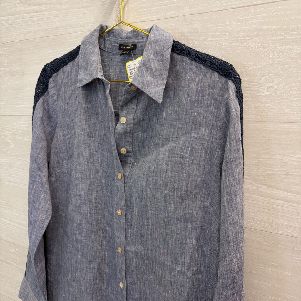 Ann Taylor Blue Linen Long Sleeve Button Down Lace Detail Dress Medium