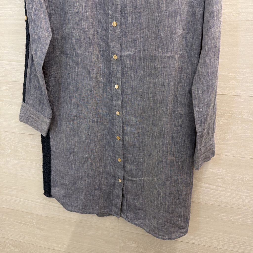 Ann Taylor Blue Linen Long Sleeve Button Down Lace Detail Dress Medium