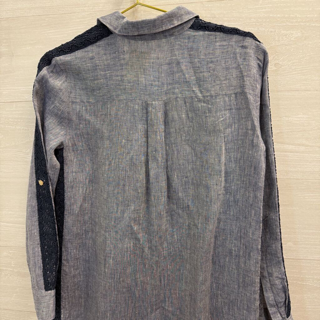 Ann Taylor Blue Linen Long Sleeve Button Down Lace Detail Dress Medium