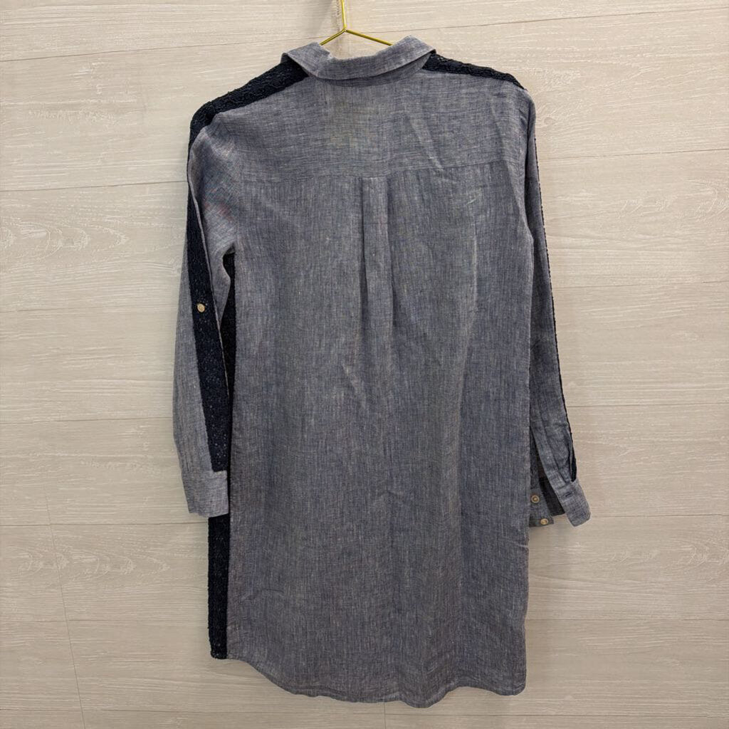 Ann Taylor Blue Linen Long Sleeve Button Down Lace Detail Dress Medium