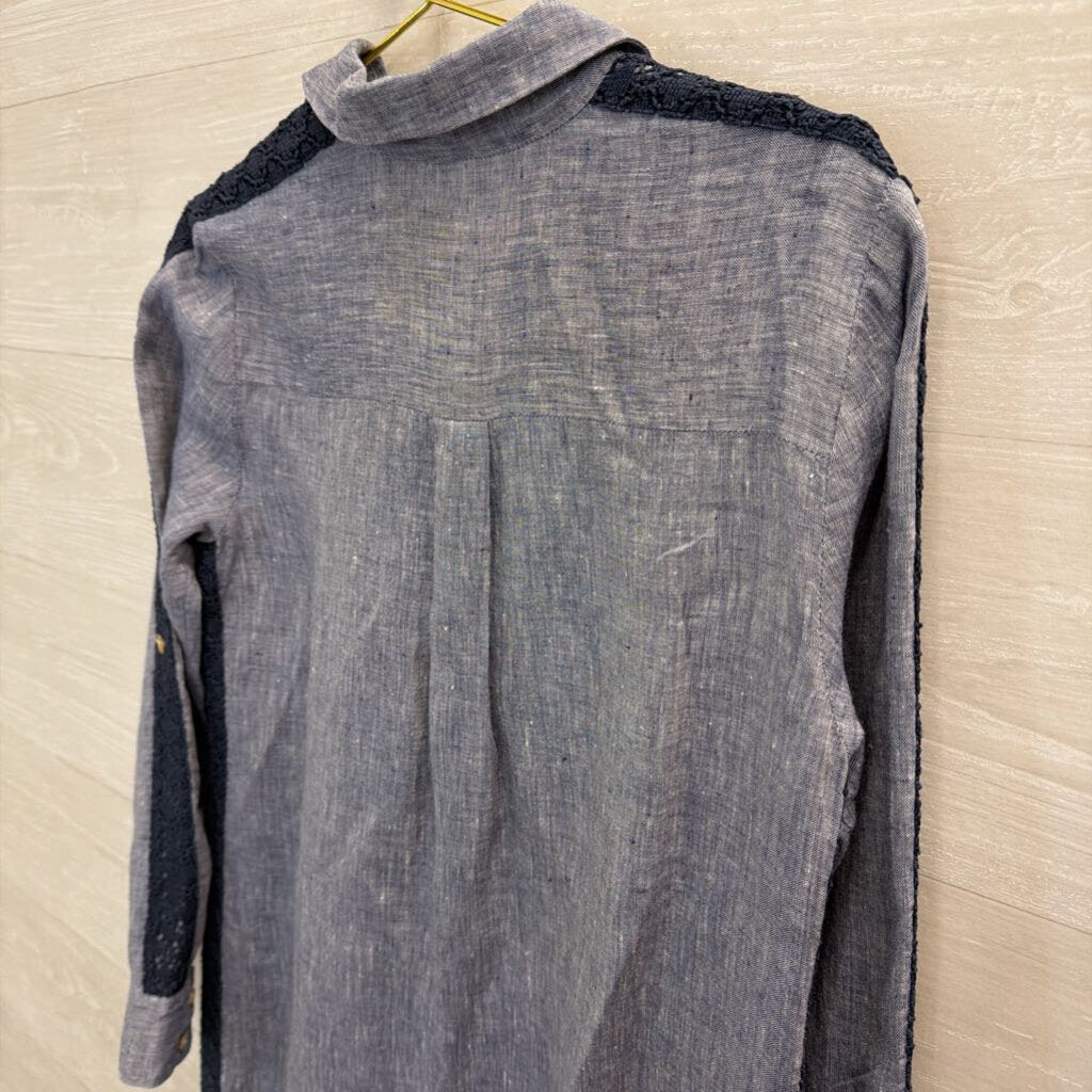 Ann Taylor Blue Linen Long Sleeve Button Down Lace Detail Dress Medium
