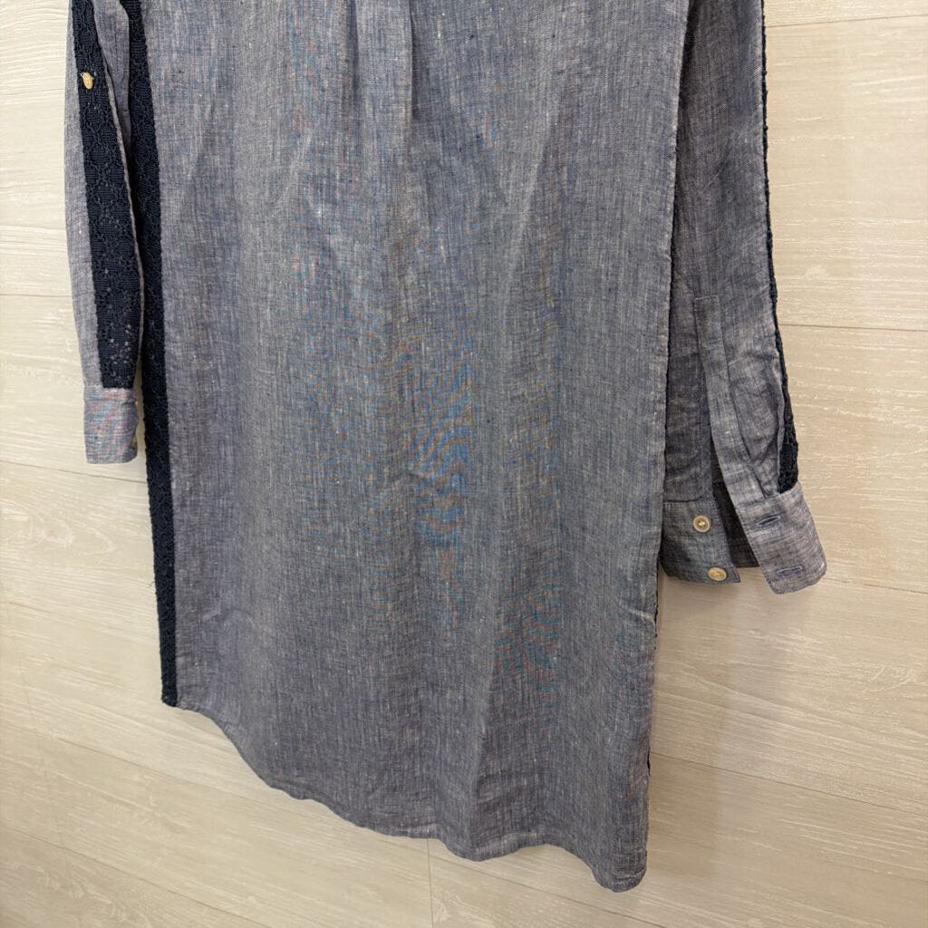 Ann Taylor Blue Linen Long Sleeve Button Down Lace Detail Dress Medium