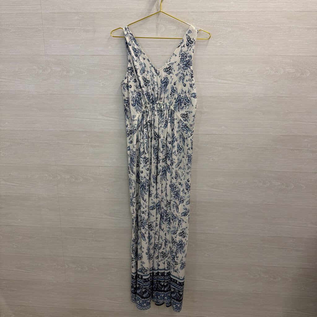 Lucky Brand White/ Blue Print V Neck Sleeveless Maxi Dress Small