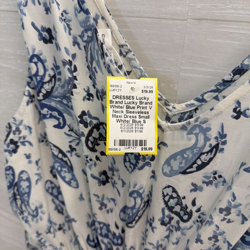 Lucky Brand White/ Blue Print V Neck Sleeveless Maxi Dress Small